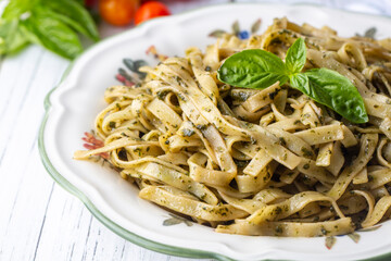 Italian pasta; Tagliatelle with Pesto Sauce