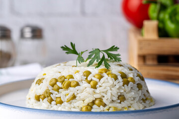 Traditional delicious Turkish foods; pea rice (Turkish name; Bezelyeli pilav)