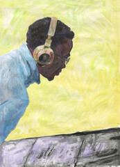 man with headphones. contemporary painting. watercolor illustration
