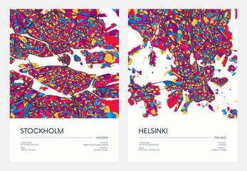 Color detailed road map, urban street plan city Stockholm and Helsinki with colorful neighborhoods and districts, Travel vector poster