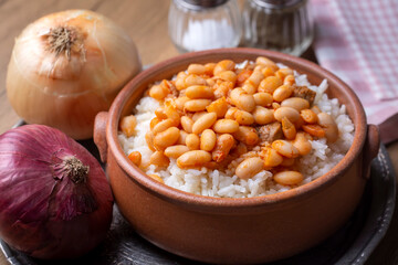 Traditional Turkish cuisine. Kuru Fasulye . Haricot Beans, rice and beans (Turkish name; pilav ustu kuru fasulye)