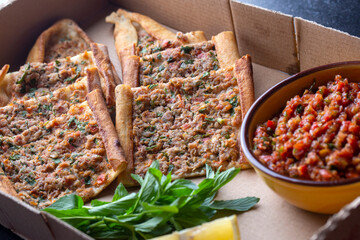 Turkish pide with minced meat, Turkish name; Kiymali Pide. Traditional Turkish cuisine. Turkish pizza Pita with meat.