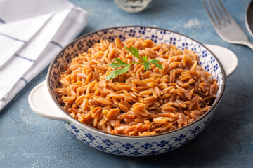 Traditional delicious Turkish dish, barley noodle pilaf (Turkish name; Arpa sehriye pilavi)