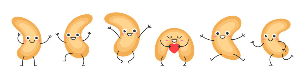Set cashew nuts character cartoon emotions joy happiness smiling face jumping running icon beautiful vector illustration.