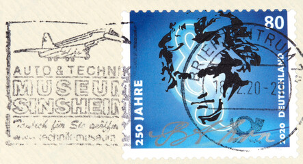 briefmarke stamp gestempelt used frankiert cancel vintage retro blau blue jet plane flugzeug 80...