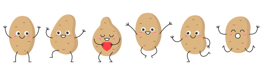 Set potato character cartoon rejoices jumping running smiling face happy emotions icon vector illustration. - obrazy, fototapety, plakaty