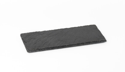 rectangular black slate stone board isolated on white background, utensils for serving food