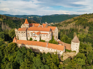 beautiful scenic aerial view of historical medieval Pernstejn castle, Czech Republic