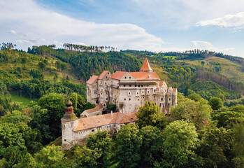 Fototapeta na wymiar beautiful scenic aerial view of historical medieval Pernstejn castle, Czech Republic