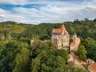 beautiful scenic aerial view of historical medieval Pernstejn castle, Czech Republic