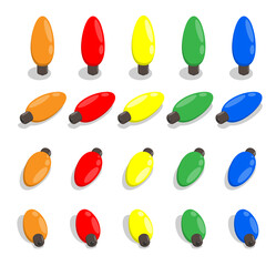 Set of multi colored Christmas lights for garlands. Decorating Christmas tree with lights and garlands. Cartoon vector isolated on white background