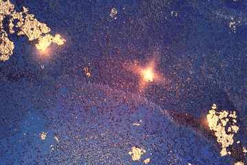 Shining purple blue marble pattern with golden dust. Abstract vector background in alcohol ink technique. Modern paint with glitter. Template for banner, poster design. Fluid art painting