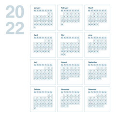 Calendar grid of 12 months for 2022
