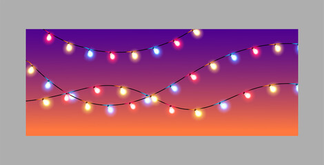 Christmas lights isolated realistic design elements. Glowing lights for Xmas Holiday cards, banners, posters. Garlands Decorations. Led neon lamp.
