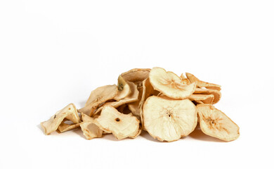 Dry apple chips isolated on white background. Dehydrated food. A bunch of apple chips. Diet healthy snack.