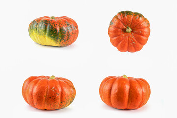 Pumpkins collection isolated on white with shadow and subtle reflection. Ripe ugly pumpkins, orange-green pumpkins. Harvest.