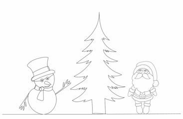 santa claus and snowman one continuous line drawing