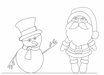 santa claus and snowman one continuous line drawing, sketch