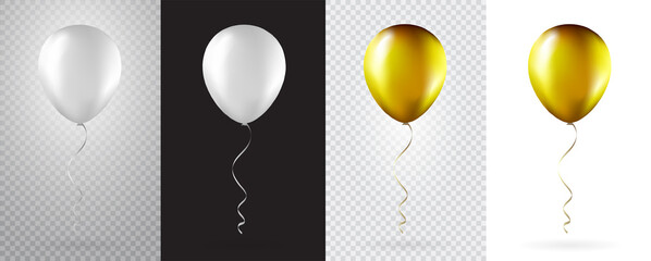 Big Set of White and Gold balloons on transparent white background. Mockup for balloon print. Vector.