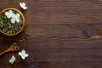 Dry herbal tea with jasmine flowers. Top view