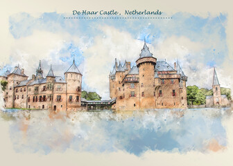 castle De Haar Castle in Netherlands in sketch style