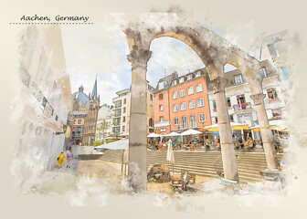 city life of Aachen, Germany in sketch style
