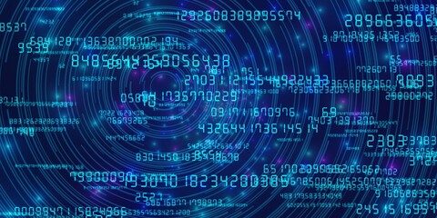 パーティクルと曲線と多数のデジタル数字からなるビックデータのイメージ