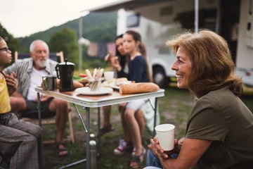 Foto op Aluminium Familie van meerdere generaties die buiten zitten en eten met de auto, caravanvakantie. © Halfpoint