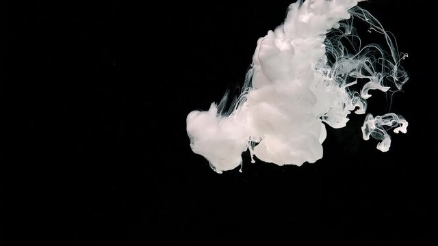 Slow motion of liquid white ink. Drops of white ink in water. White paint is poured into the water. White cloud of ink on a black background. Awesome abstract background.