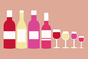 wine bottles and glasses set isolated for winery, cafe menu, restaurant posters and logo design