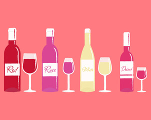 wine bottles and glasses set isolated for winery, cafe menu, restaurant posters and logo design
