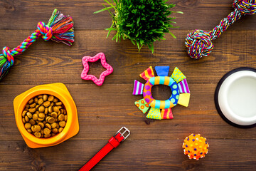 Dry dog food in bowl with toys and treats, top view