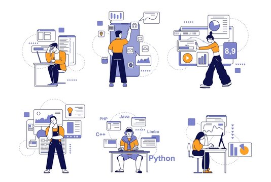People programming. Professional java developers, engineering script. Geek working, engineer or coder work screens recent vector characters