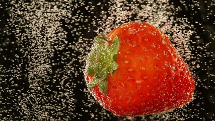 Super slow motion of whole strawberry falling down into champagne wine. Isolated on black background. Filmed on high speed cinema camera, 1000 fps. - Powered by Adobe