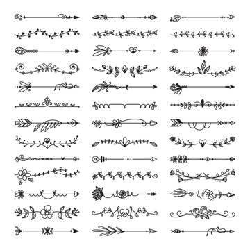 Doodle decorative dividers. Floral line, ornaments designs. Hand drawn divider and vintage arrows. Isolated sketch retro classy vector elements