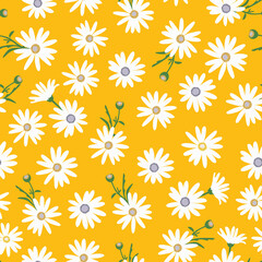 Fototapeta na wymiar ditsy daisy seamless pattern. daisies and chamomile in orange yellow background in summer spring season for fabric, textile, stationary, fashion design print, apparel, clothing, home decor, etc.