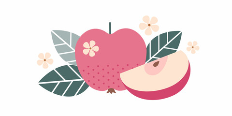 Red apple fruit. Flat illustration. Whole and cut fruits, apple pits, leaves and flowers. Illustration can use for jam, marmalade fruit drink, fruit filler, for label, packaging design, adv products 