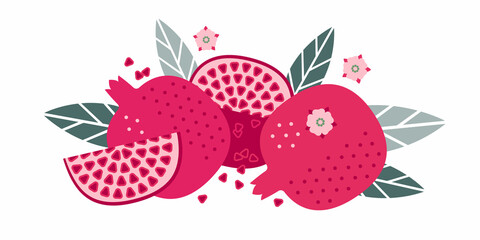 Pomegranate fruits. Flat illustration. Whole and cut fruits, leaves, pomegranate seeds and flowers. Illustration can use for jam, marmalade fruit drink, fruit filler, for label, packaging design, adv