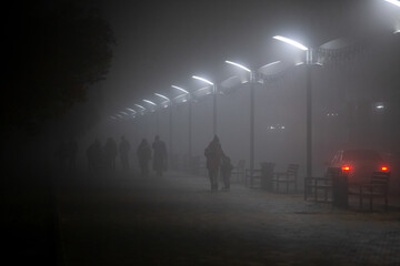 Gloomy foggy night on the city street in fall