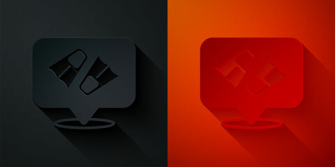 Paper cut Rubber flippers for swimming icon isolated on black and red background. Diving equipment. Extreme sport. Diving underwater equipment. Paper art style. Vector © vector_v