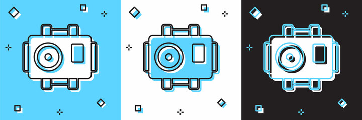 Set Photo camera for diver icon isolated on blue and white, black background. Foto camera icon. Diving underwater equipment. Vector