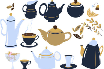 A large collection of tea and coffee cups, mugs, teapots. Tea leaves, coffee grains, sweets and cookies