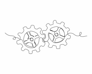 Continuous one line drawing of two cog gear wheel business concept in silhouette on a white background. Linear stylized.