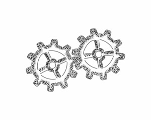 Pointillism drawing of two cog gear wheel business concept in silhouette  on a white background. Linear stylized.