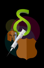 DELTA VARIANT. Vaccine safety. Warrior helmet and shield. Syringe with needle. Fight and health tools against COVID. Symbol, the fourth letter of the GREEK ALPHABET. Pandemic.