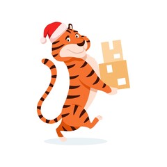 Cartoon smiling tiger in Santa hat delivers parcel boxes isolated on white background. Cute walking wildcat. Chinese symbol of New Year 2022. Holiday striped character with package vector illustration