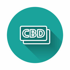 White line Cannabis molecule icon isolated with long shadow. Cannabidiol molecular structures, THC and CBD formula. Marijuana sign. Green circle button. Vector Illustration