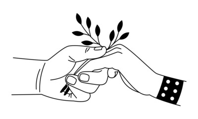 Caring touch of palms. Cartoon two hands connecting with love, symbol of romantic relationships, vector illustration concept of safety, togetherness and tenderness