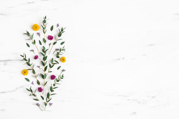 Flowers composition. Colorful flowers and eucalyptus leaves on marble background. Flat lay, top view