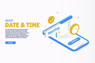 Select Date & Time Online Through Smartphone. Website template. Landing Page. Calendar Application Concept.